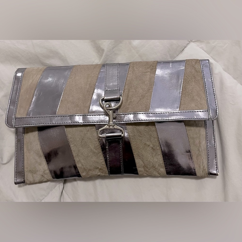 Suede with silver chevron stripe clutch